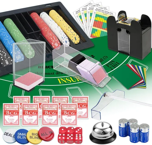 Vista 7 de Juego de Casino Definitivo: Barajador de 6 Mazos+300 Fichas de Alta Gama+8 Cartas de Póker Profesionales de Plástico+Dispensador de Cartas+Rastrillo