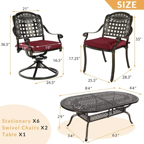 Vista 3 de Juego de comedor de patio de 9 piezas, mesa y sillas de patio al aire libre, mesa de comedor ovalada de aluminio fundido de 84 pulgadas con agujero