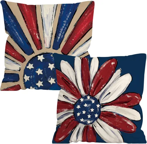 Vista 22 de FUTBU Juego de 2 fundas de almohada de 16 x 16 pulgadas, diseño patriótico de estrellas y bandera estadounidense, rojo, blanco, azul, Día de la 4
