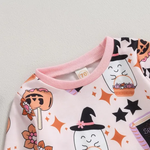 Vista 5 de Kayotuas Conjunto de sudadera de manga larga con estampado de arco de calabaza y esqueleto para bebé de Halloween, para otoño