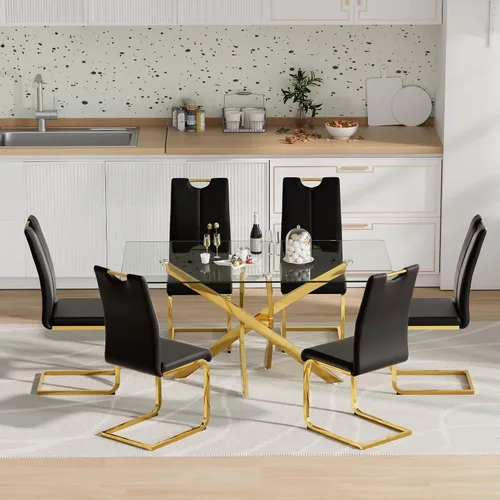 Vista 12 de Juego de mesa de comedor de cristal para 4, moderno juego de mesa de comedor de 51 pulgadas para 4, mesa de cristal dorada en forma de X con 4 Gris