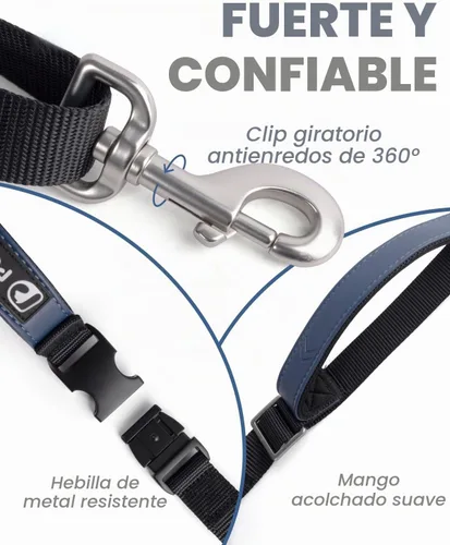 Vista 2 de Correa cruzada reforzada para perro, correa de nailon ajustable de 4 a 6 pies con asas acolchadas dobles, clip giratorio de 360° para perros