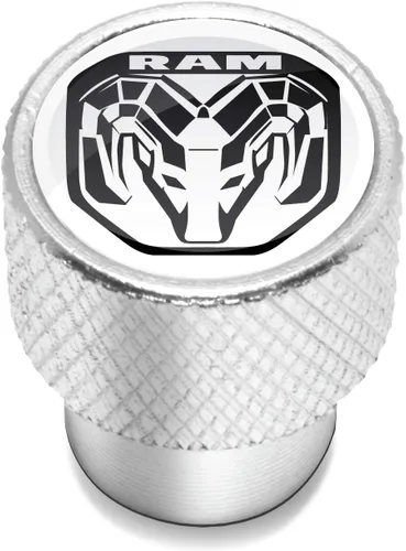 Vista 2 de iPick Image para RAM 2019 Logo en blanco sobre tapas de vástago de válvula de neumático de aluminio plateado brillante