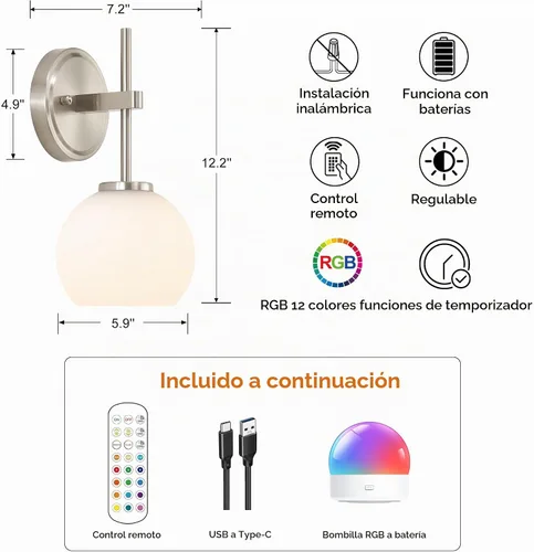 Vista 6 de Juego de 2 apliques de pared de níquel cepillado que funcionan con pilas, iluminación de pared inalámbrica recargable con control remoto, luces