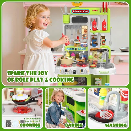 Vista 4 de DRAMATION Juego de Cocina para Niños, Cocina de Juego de 36.22'' para Niños Pequeños de 1-3 con Vapor, Sonido y Luz, Estufa de Cocina, Fregadero
