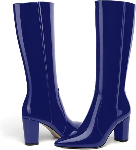 Vista 174 de AMBELIGHT Botas altas hasta la rodilla con cremallera y puntera puntiaguda para mujer, de patente sólida, tacón alto, 3.3 pulgadas
