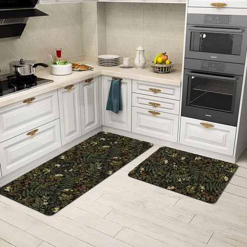 Vista 4 de Alfombras de Cocina Vintage Negras y Verdes Botánicas, Juego de 2 Alfombras de Cocina Antideslizantes Lavables, Tapetes de Cocina con Helechos