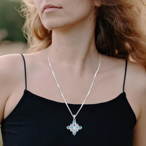Vista 220 de Collar de pentagrama de plata de ley con triple luna, diosa celta, nudo celta, nudo de brujas, Ankh, sol y luna, Hécate, lilith, Santa Muerte