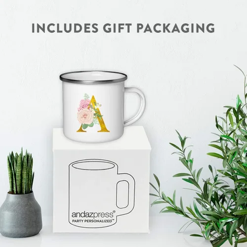 Vista 4 de Andaz Press Taza de café de acero inoxidable para niños de 11 onzas, regalo de taza de café de fogata, rosa rubor, monograma de oro sintético, letra