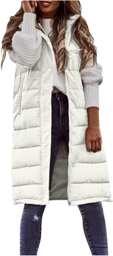 Vista 28 de Chaleco largo para mujer, sin mangas, acolchado, con cremallera, capucha, abrigo de invierno cálido, ligero, con bolsillos
