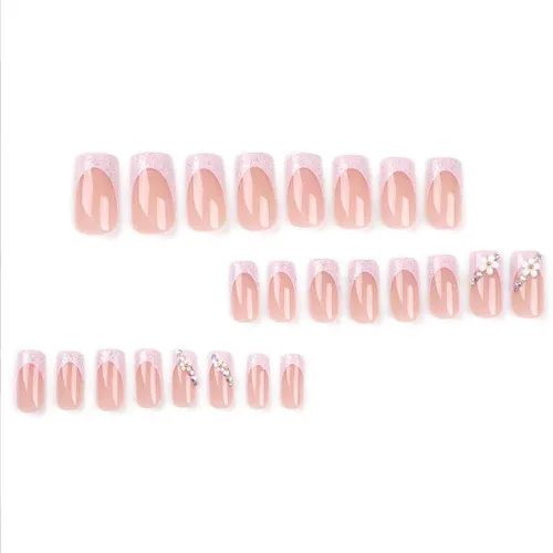 Vista 2 de Foccna - Uñas postizas 3D con flores, cuadradas, rosas, francesas, brillantes, con strass, largas, para manicura, 24 piezas