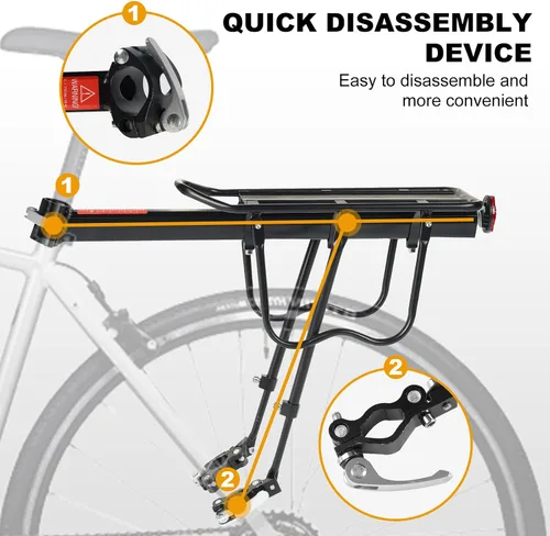 Vista 5 de Rear Bike Rack, Aluminum Alloy, Black, 160 lbs Load Capacity, Quick Release, Cycling Camping Touring