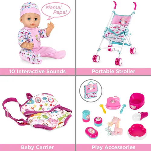 Vista 4 de Best Choice Products Juego de 15 piezas para niños de 13.5 pulgadas, muñeca recién nacida, juego de rol con cochecito, cuna de viaje, tapete