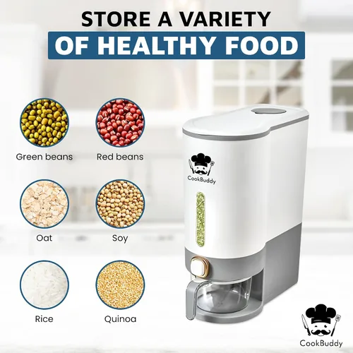 Vista 6 de CookBuddy Dispensador de arroz - Contenedor hermético de almacenamiento de arroz de 25 libras - Dispensador de granos