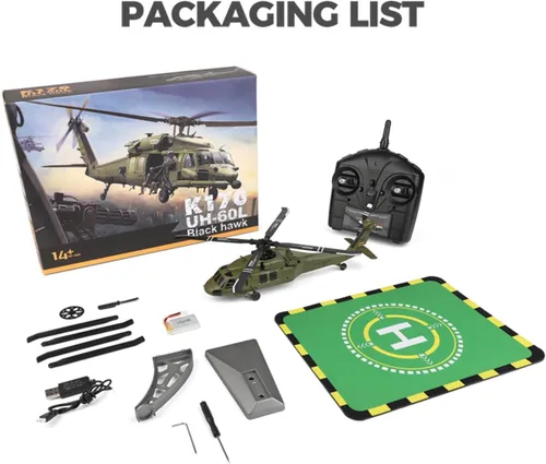Vista 9 de Helicóptero RC para adultos, K170 UH-60L 170 Tamaño 2.4G 4CH 6-Axis Gyro Flybarless Helicóptero RC con altitud flotante, acelerador de mano