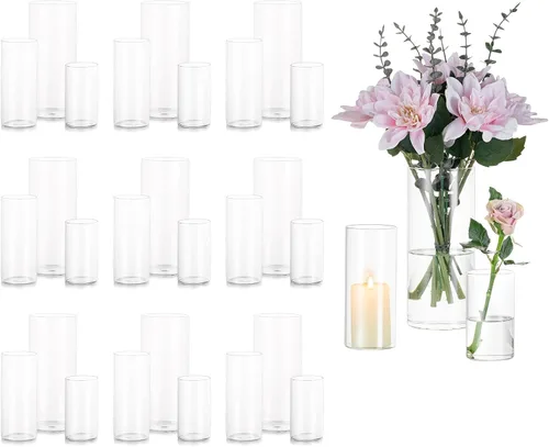 Vista 10 de Glasseam Jarrones cilíndricos transparentes para centros de mesa, juego de 6 jarrones cilíndricos de vidrio, jarrón de huracán para flores