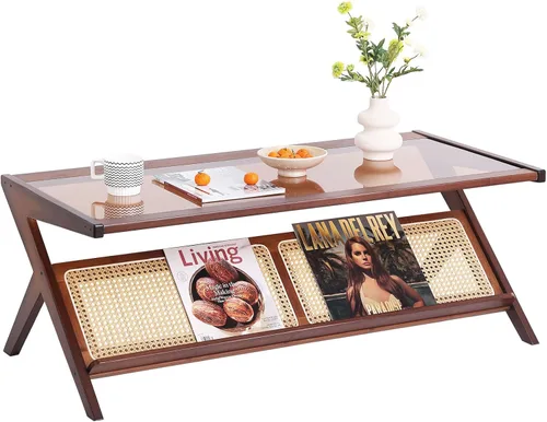 Vista 13 de Tiita Mesa auxiliar de ratán, mesita de noche de mediados de siglo, mesas de noche de bambú de 2 niveles, mesas de café de cristal, mesa auxiliar
