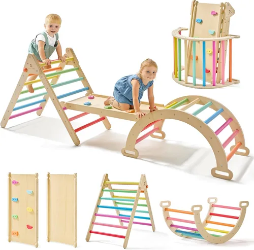 Vista 7 de Tiny Land Juego de Triángulo Pikler, Juego de Juguetes de Escalada de Triángulo Pikler Plegable 7 en 1 para Niños, Parque Infantil