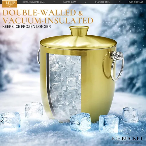 Vista 2 de Cubos de hielo para fiestas con tapa, pinzas y colador (3L/dorado) cubo de hielo de acero inoxidable de doble pared que mantiene el hielo congelado