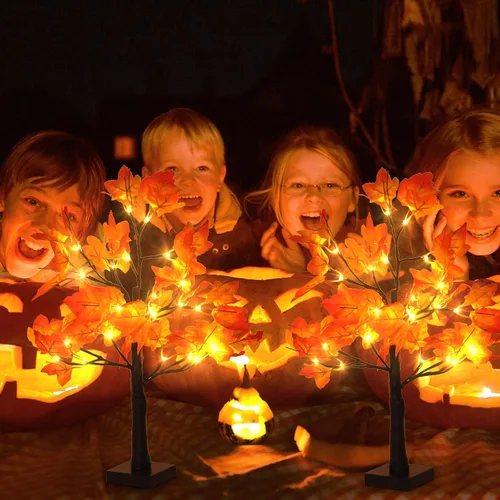 Vista 3 de Paquete de 2 árboles de arce iluminados de 20 pulgadas, 48 luces LED, árbol artificial de otoño para decoración de interiores de cosecha de Acción