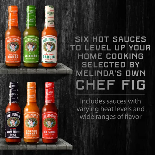 Vista 6 de Melinda's Chef Fig's Heat & Flavor Collection - Juego de regalo de salsa picante gourmet con una variedad de sabores y niveles de especias, incluye