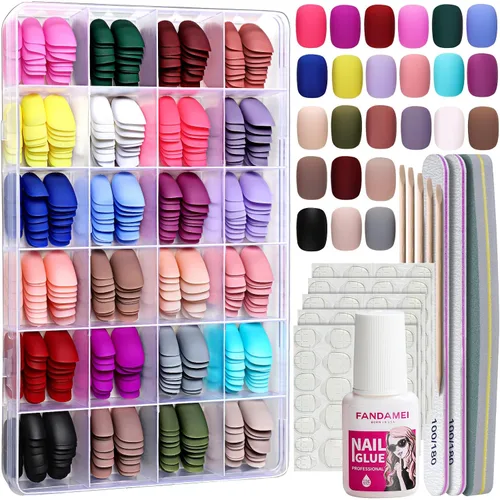 Vista 12 de FANDAMEI - Uñas de presión, 576 uñas postizas en 24 colores, uñas acrílicas de almendra de longitud media, cobertura completa, brillantes