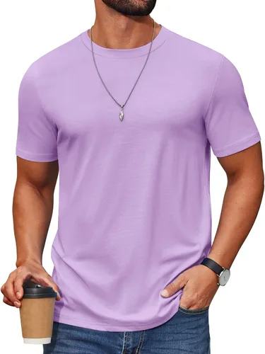 Vista 7 de COOFANDY Camiseta de manga corta para hombre, de mezcla de algodón, cuello redondo, informal, para verano, básica Verde militar