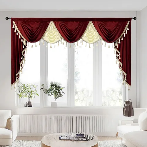 Vista 23 de Gxi Cenefa de cortina de terciopelo beige burdeos para ventanas de cocina, cenefas de cascada de terciopelo, cortinas de ventana para sala de estar