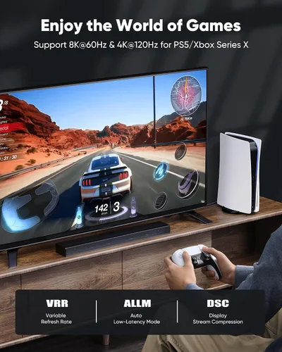Vista 3 de Capshi Cable HDMI 2.1 de 2 pies 8K 4K a 120Hz, cable de alta velocidad de 48 Gbps para PS5/4, TV, consola de juegos, monitor, 8K @60Hz, 2K @240Hz