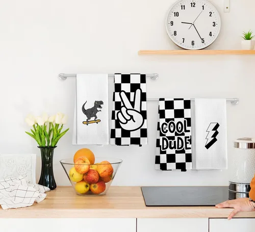 Vista 2 de Juego de 4 toallas de mano a cuadros modernos para niños, decoración de baño para niños, regalos de Dinasours, paños de cocina para cocina, paño