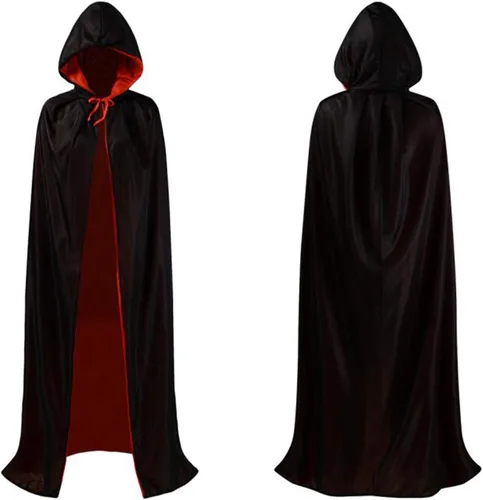 Vista 20 de OurLore Disfraz reversible de capa para fiesta de máscaras, Halloween, Navidad, color negro y rojo (35 pulgadas, con capucha)