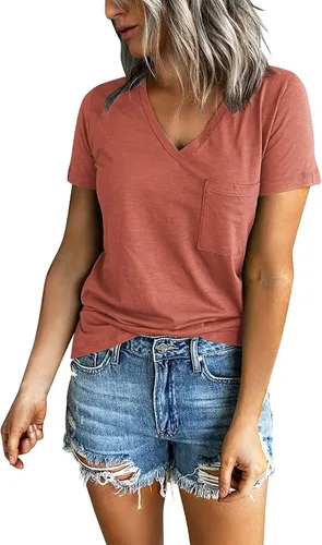 Vista 2 de PGANDS Camisetas de verano para mujer, cuello en V, manga corta, casual, básica, ajuste holgado