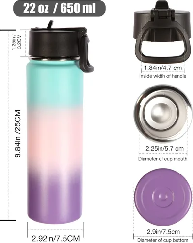 Vista 2 de Volhoply Botellas de Agua Aisladas con Pajita a Granel Paquete de 2, Botella Deportiva de 22 oz con Tapa con Asa, Botellas de Agua al Vacío de Doble