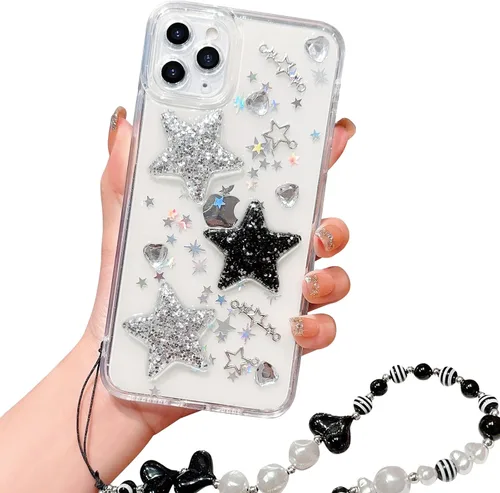 Vista 12 de Compatible con iPhone 11 Pro Funda Transparente Bonita con Diseño de Estrella con Purpurina en 3D con Perlas y Pulsera de Perlas, Diseño de Cadena