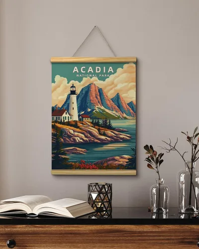Vista 5 de Acadia National Park - Póster vintage de 12 x 16 pulgadas con marco de madera, colgador de cuerda, impresión artística retro de paisaje costero