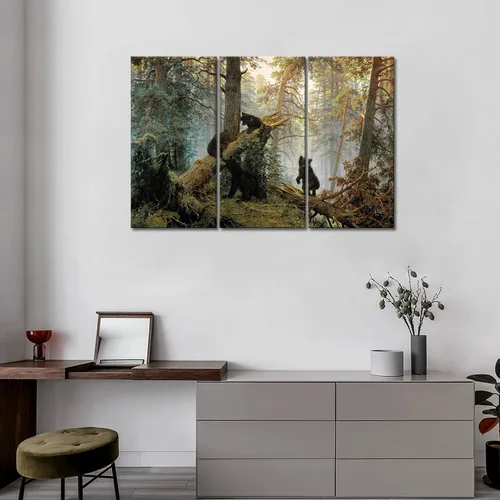Vista 3 de Osos juegan en el bosque, árbol caído, pintura artística para pared, impreso en lienzo, imágenes de animales para decorar el hogar, regalo