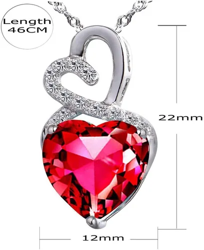 Vista 4 de The Diamond Deal Collar con colgante de piedra preciosa de rubí rojo y piedra natal de julio, corazón y diamantes en plata de ley 925, Diamante, Rubí