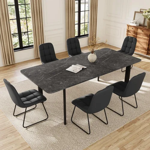 Vista 13 de HIPIHOM Mesa de comedor extensible para 6-8 personas, mesa rectangular de 63 a 78.7 pulgadas, MDF blanco con patas de metal resistentes, ahorro