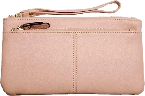 Vista 2 de Funda de cuero para teléfono con pantalla táctil, cartera de mano para mujeres y niñas F23 Rosa Claro 2 bolsillos