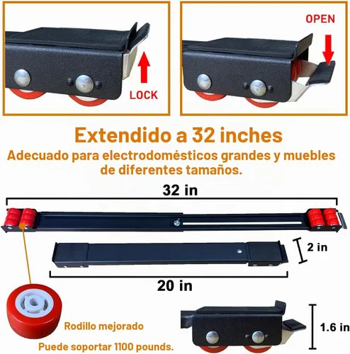 Vista 2 de Rodillos de electrodomésticos resistentes, máximo 32 pulgadas, rodillos extensibles de segunda generación, base de lavadora móvil para mover Negro