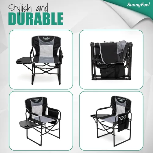 Vista 7 de SUNNYFEEL Silla de Directores de Camping, Silla Plegable Portátil de Gran Tamaño con Mesa Lateral, Bolsillo para Playa, Pesca, Viaje, Picnic