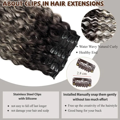 Vista 5 de Extensiones de cabello humano real con clip, de 12 pulgadas, de color marrón oscuro, ondulado, natural, rizado y rizado, 2.47 onzas, 7