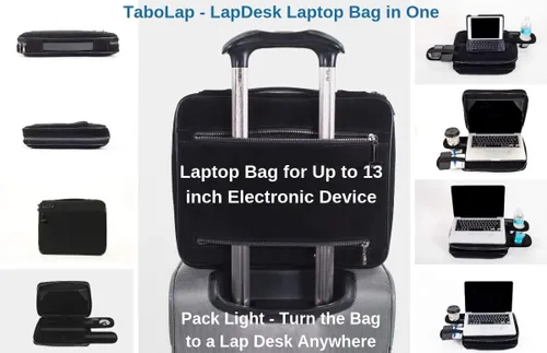 Vista 6 de Escritorio de regazo para laptop de viaje – Se adapta a portátiles de hasta 14 pulgadas Escritorio portátil para laptop y escribir en una funda
