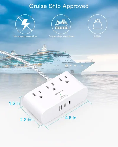 Vista 5 de HANYCONY - Tira de alimentación de enchufe plano de 6 pies, cable de extensión plano ultrafino, 3 tomacorrientes, 3 puertos USB (2 USB C), extensor