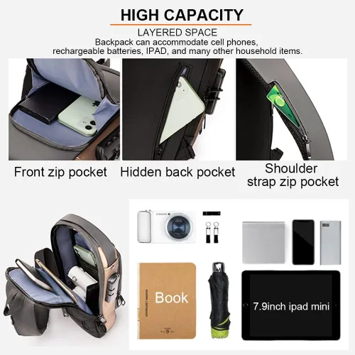 Vista 3 de Bolso bandolera antirrobo, bolsa de pecho impermeable con carga USB, Gris