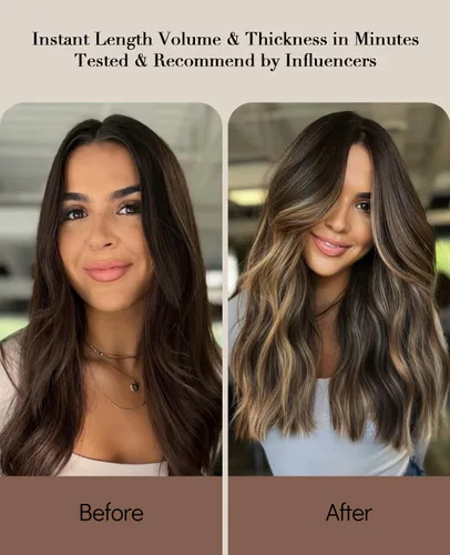 Vista 78 de VINBAO Extensiones de cabello humano con clip, balayage, color marrón ceniza a rubio caramelo, 14 pulgadas, 6 unidades, 3.53 onzas, 6