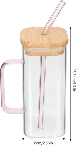 Vista 2 de Hemoton Beber con tapa de bambú y juego – Taza cuadrada de 13.5 oz (13.5 fl oz) con asa, vasos de café helado (rosa)