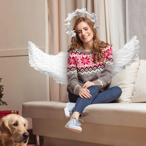 Vista 4 de hypericin Alas de disfraz de ángel, banda para el cabello, disfraz de ala de ángel, traje de fiesta, accesorios de alas de cosplay con plumas
