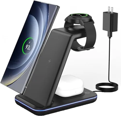 Vista 12 de Cargador inalámbrico para Samsung y Android: estación de carga JoyGeek 3 en 1 para S26/S25/S24/S23/S22/S21/S20/Note20/Z Fold&Flip, Galaxy