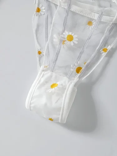 Vista 4 de LYANER Bonito conjunto de lencería para mujer con volantes de malla y nudo de corbata